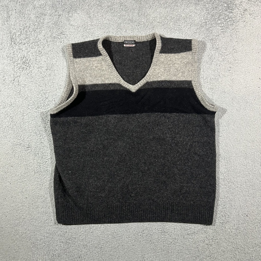 Vintage Kappa V-neck Wool Sweater Vest Grey and Black Striped Men's 2XL #2664